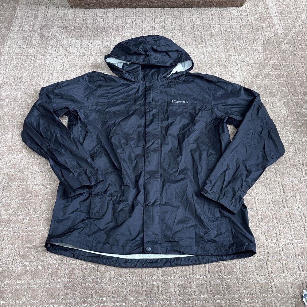 Marmot Rain Jacket Women's XL Black Nylon Hooded Full Zip Vented Hike Outdoor